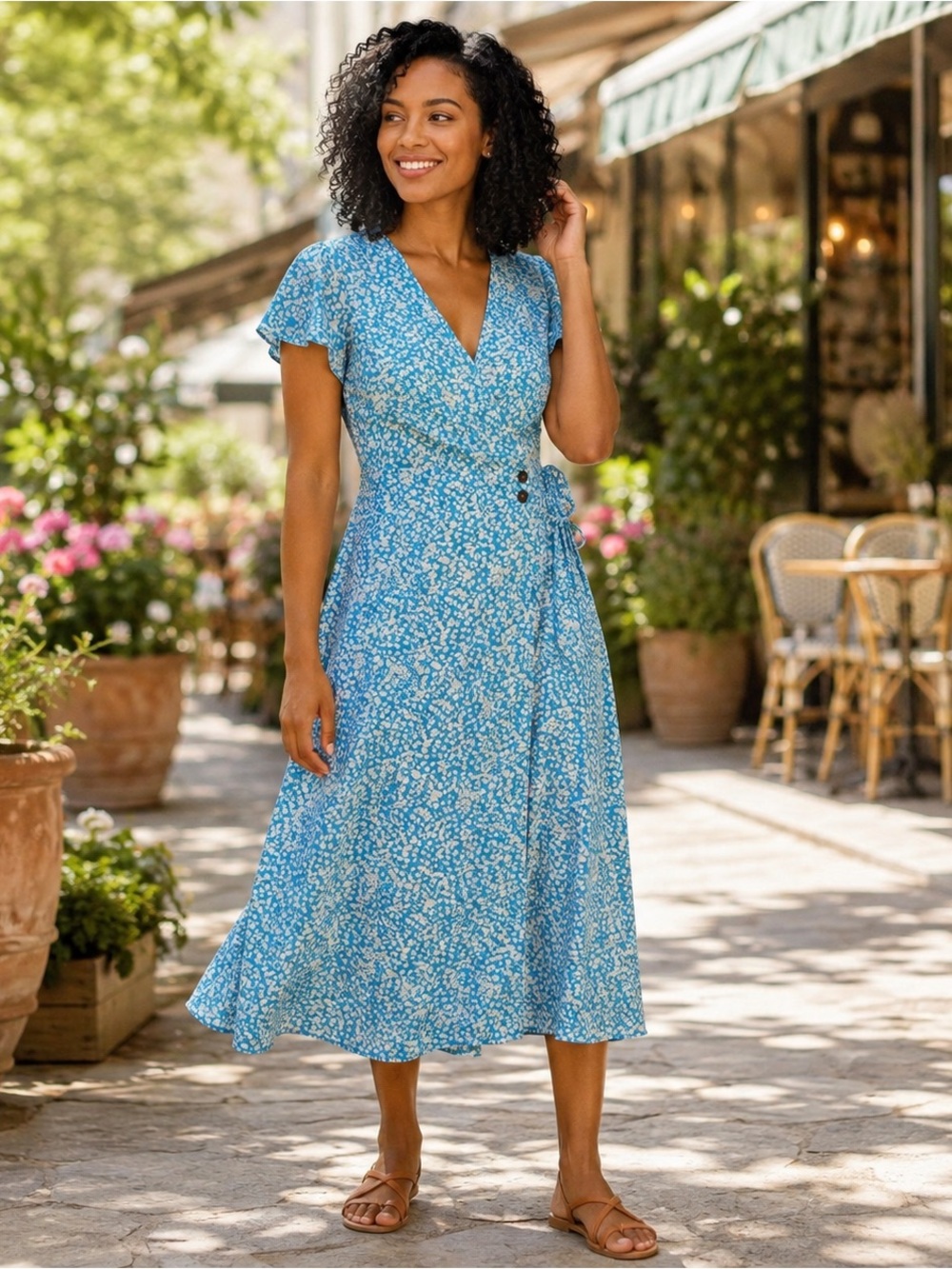 Sienna Sky Blue Floral Faux Wrap Midi Dress XS